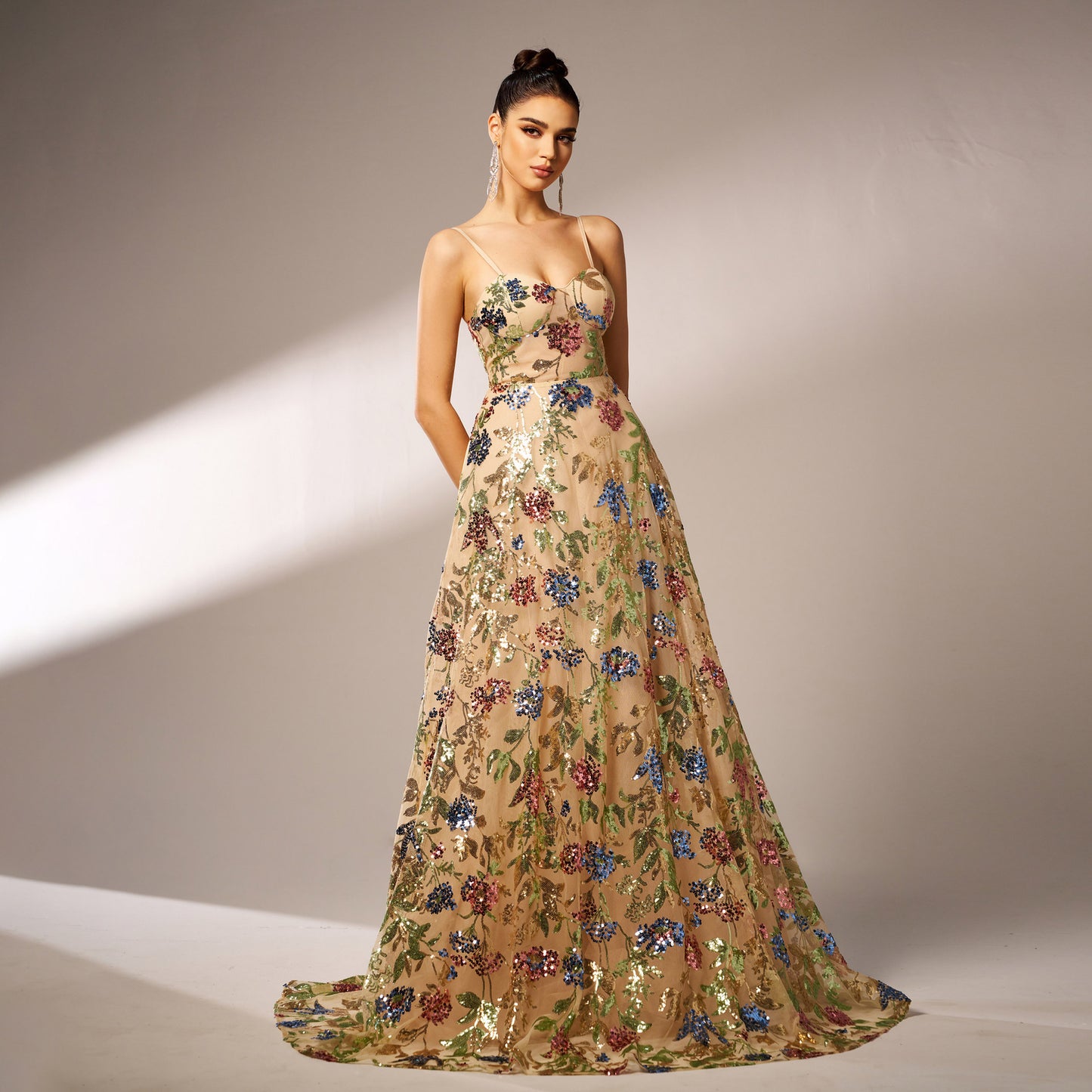 off-shoulder sequin print maxi dress in apricot