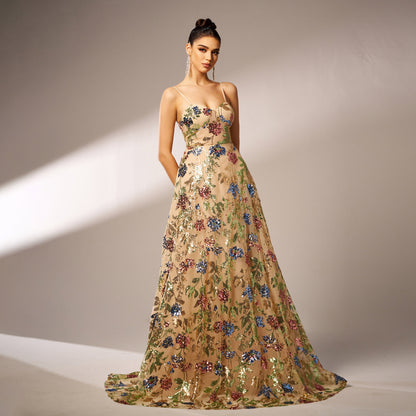 off-shoulder sequin print maxi dress in apricot