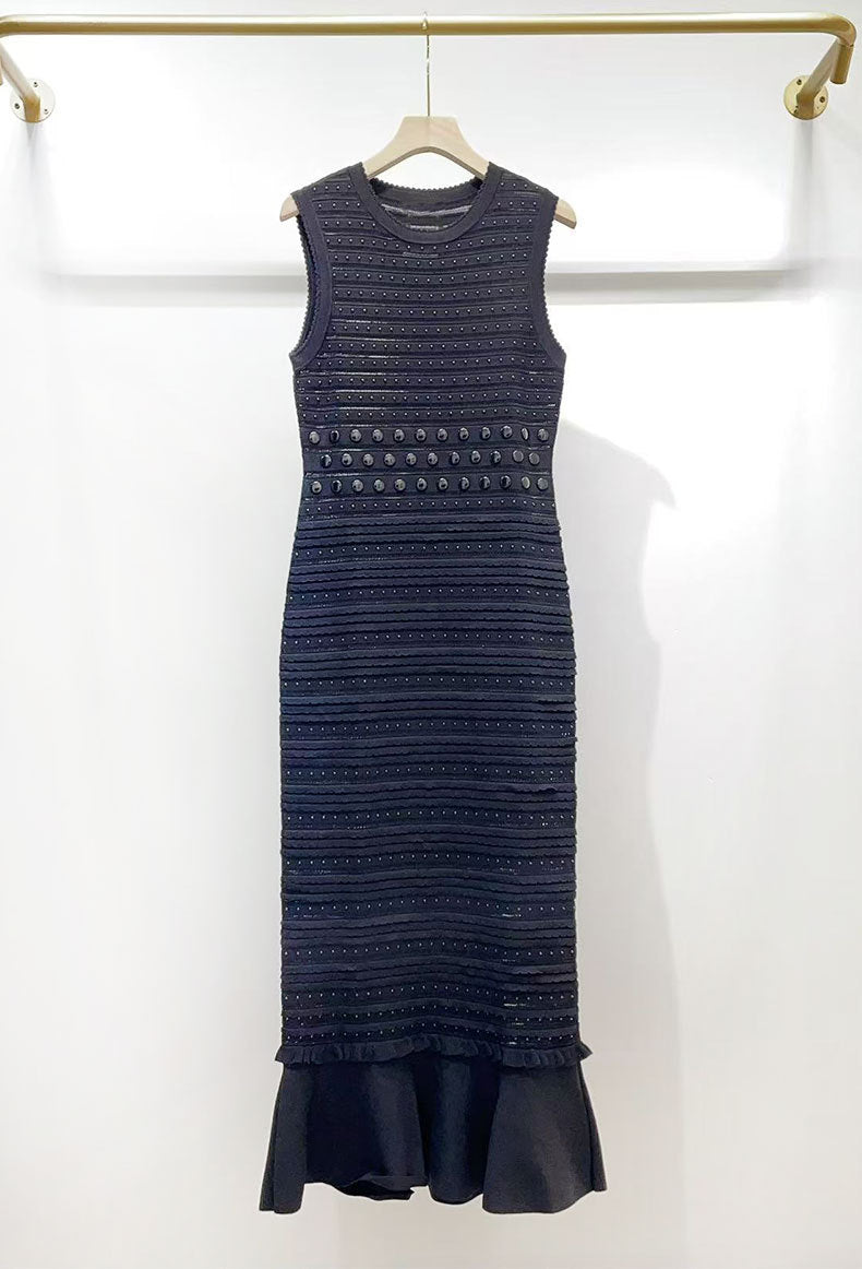 valerie Studded Knit sleeveless Midi Dress in black