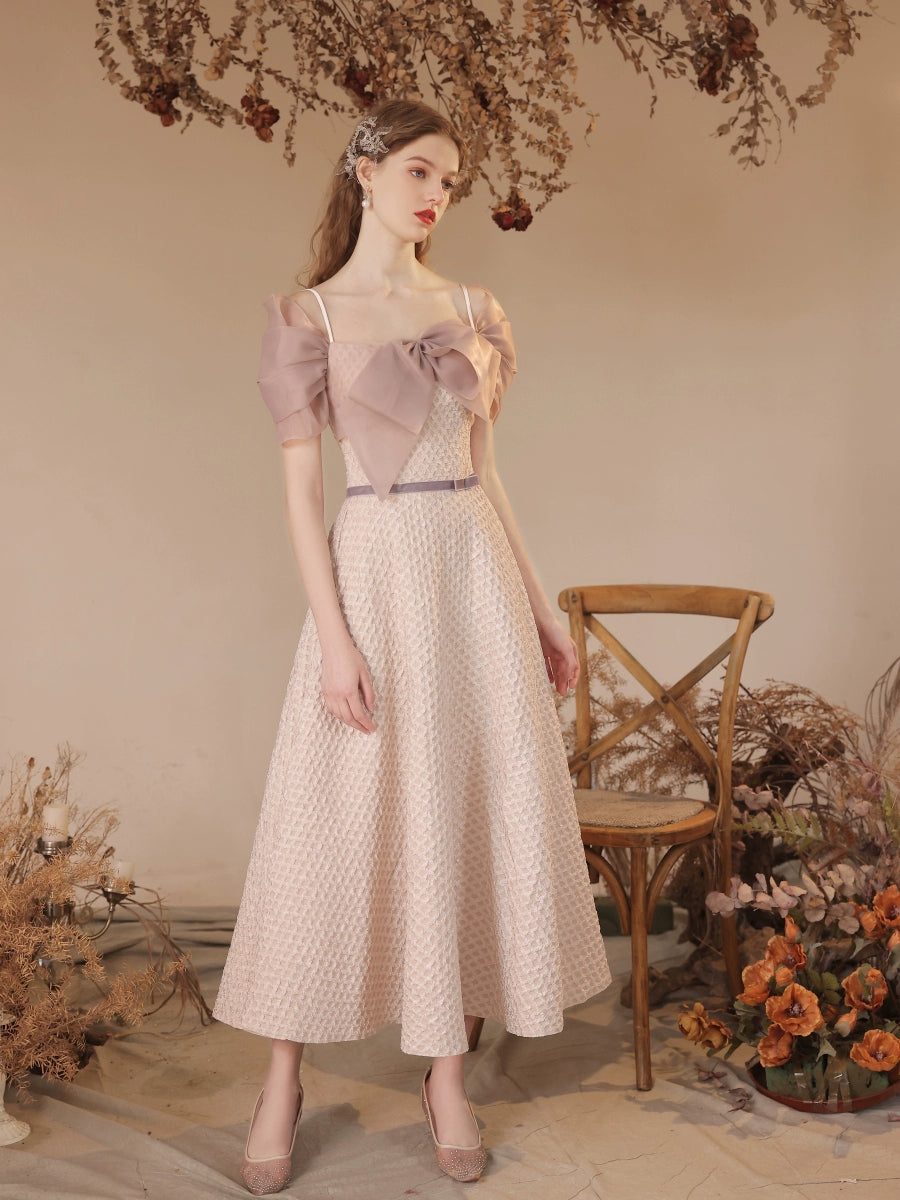 champagne bow embellished plaid maxi dress