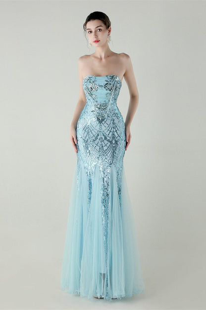 sequin strapless tulle maxi dress