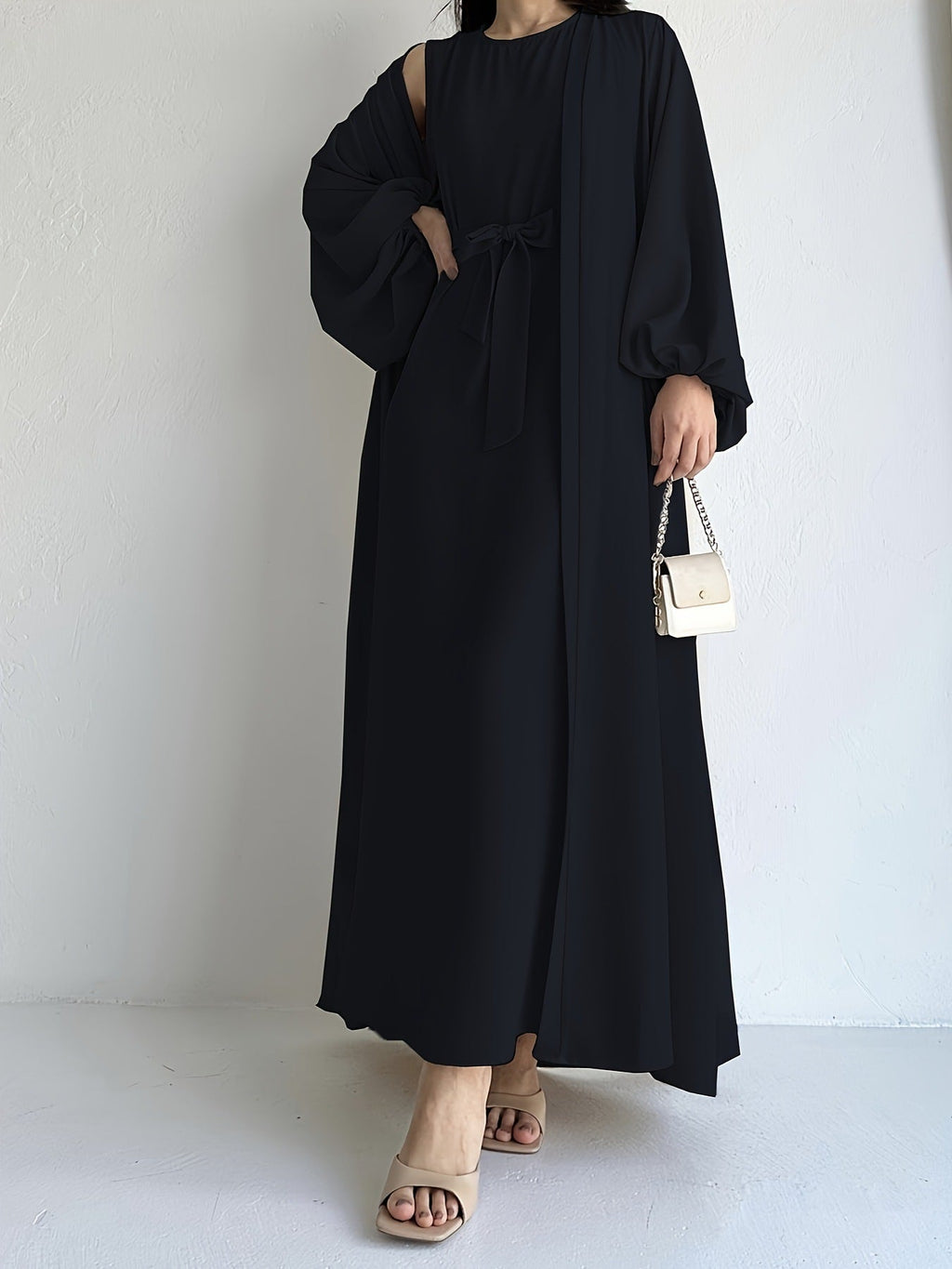 Two Pieces Set Nidha Open Abaya with Bubble Sleeves and Inner Dress