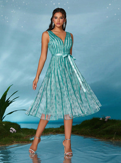 v neck floral print stripe detail belt midi dress in blue