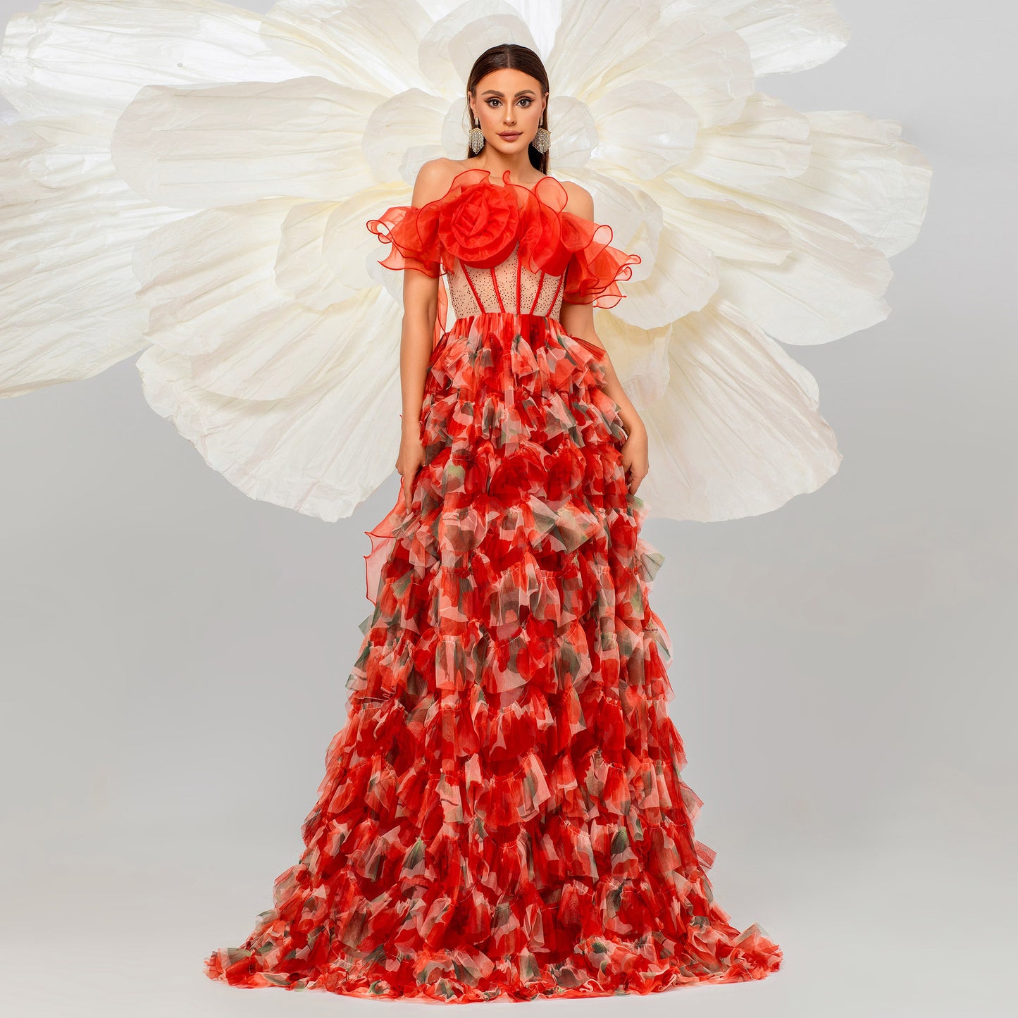 off shoulder flower tulle layer trim maxi dress in red