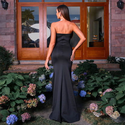 sequin flower high slit strapless maxi dress in black