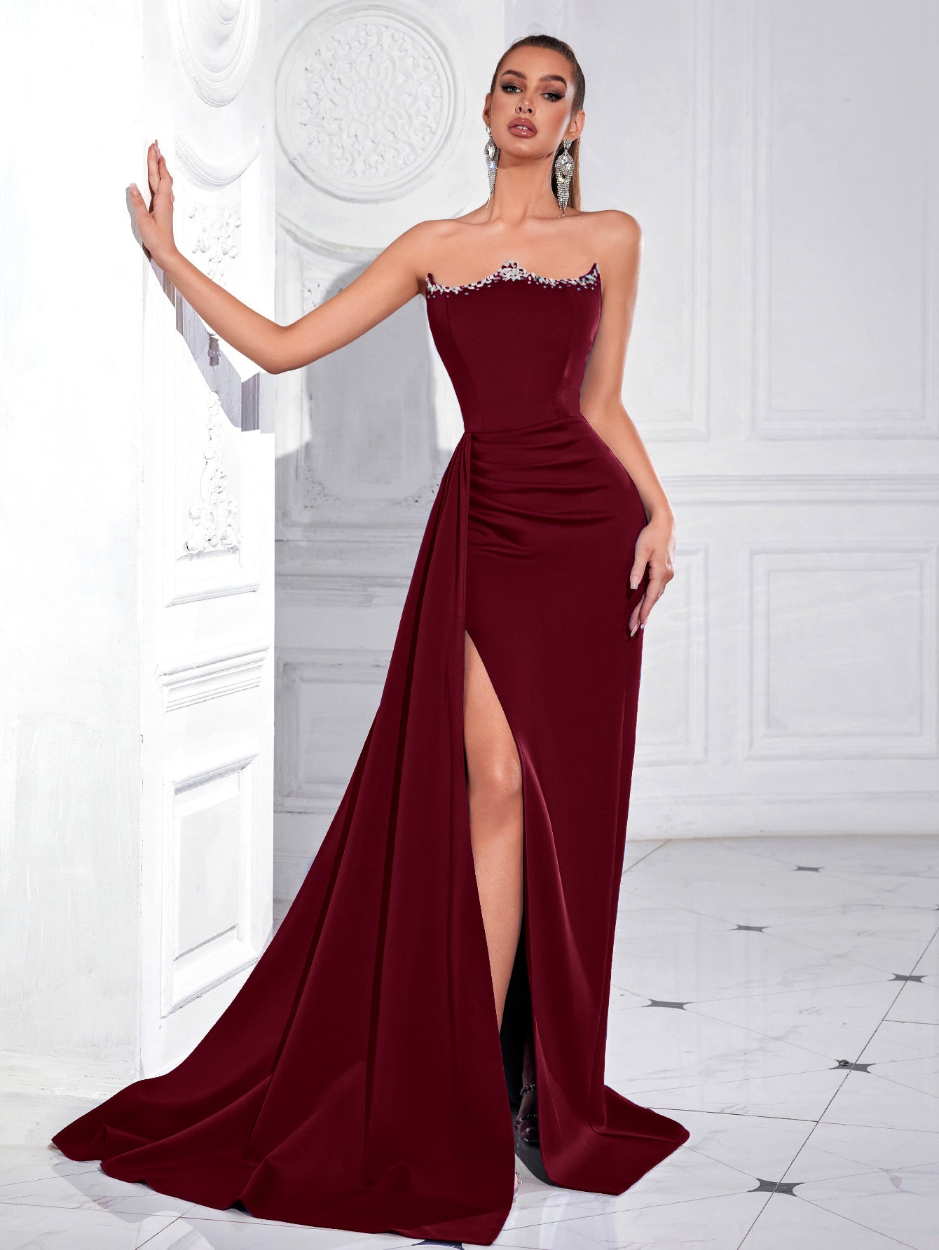 jamie Rhinestones strapless slit maxi dress