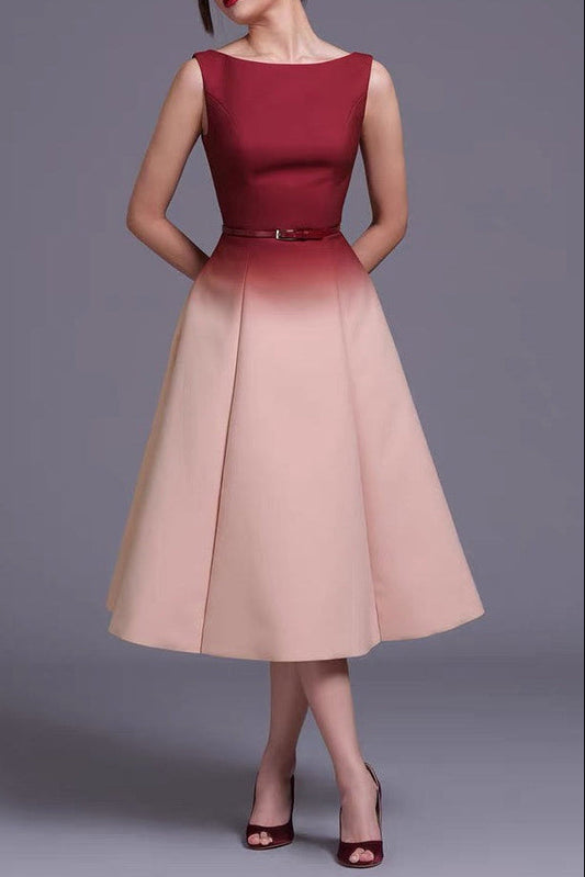 赤ピンクのグラデーションノースリーブミディドレス