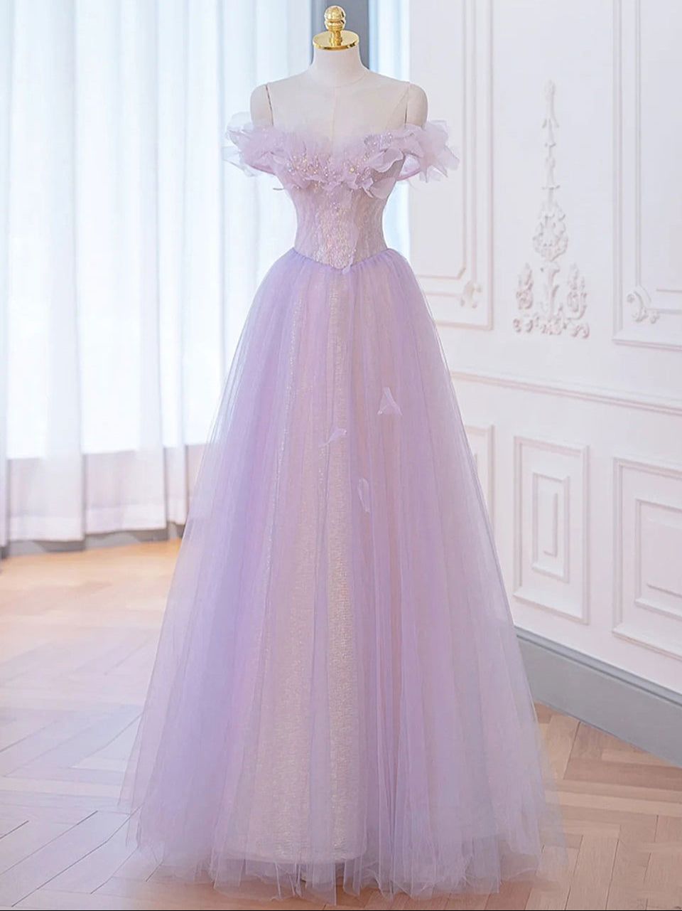 A-Line Purple Off Shoulder maxi Prom Dress