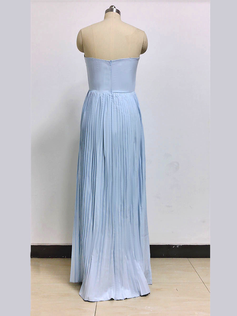 V-neck pleated bandeau long skirt slim back open dress