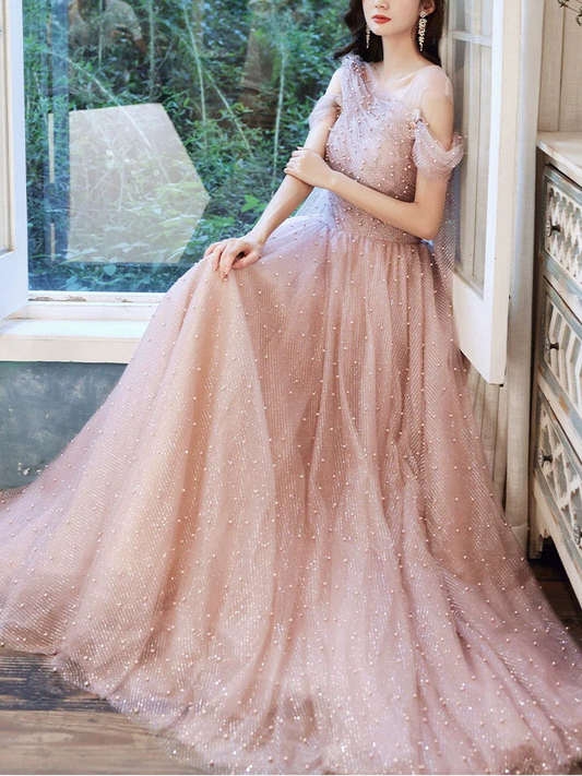 Pink one-shoulder pearl maxi tulle evening dress