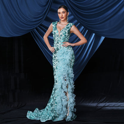 sequin print high slit maxi dress in green