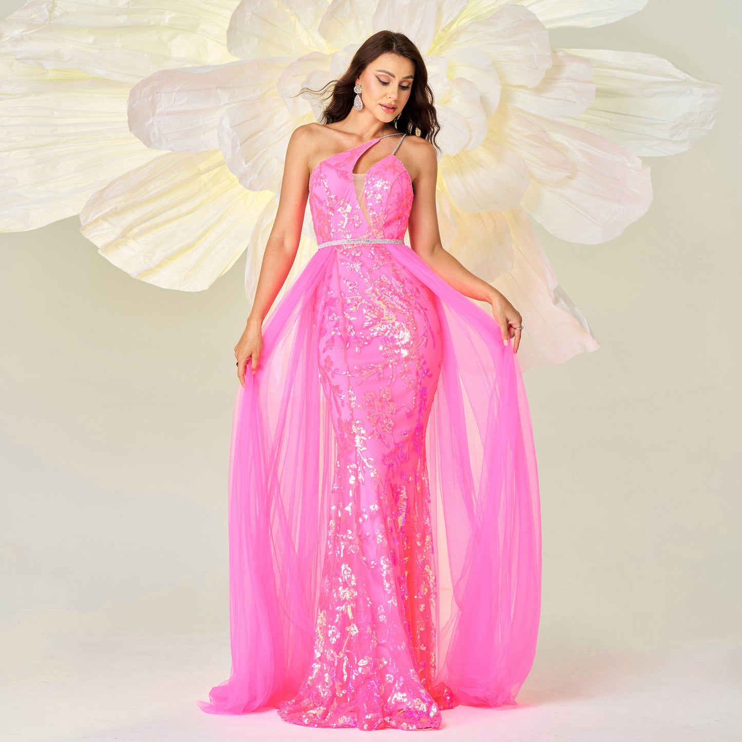 One-shoulder asymmetrical neckline sequined mesh dress