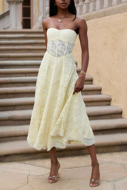 Amanda Yellow European American Style Sexy Backless Tie-Wrap Dress