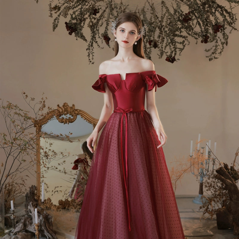 polka dots tulle patchwork satin maxi dress in Claret