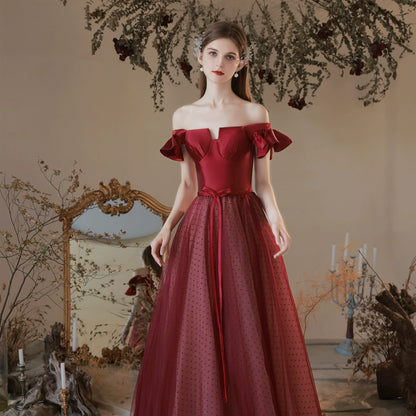 polka dots tulle patchwork satin maxi dress in Claret