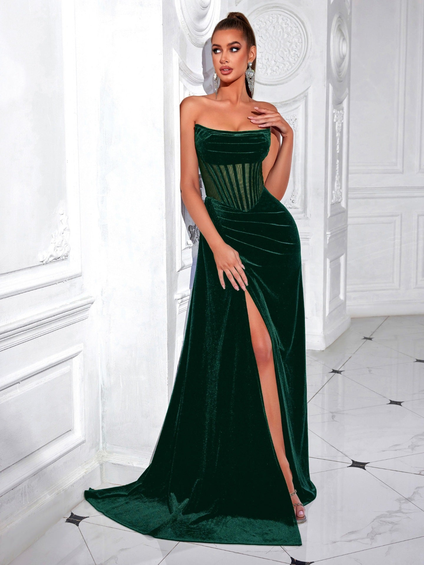 Velvet herringbone strapless evening maxi dress