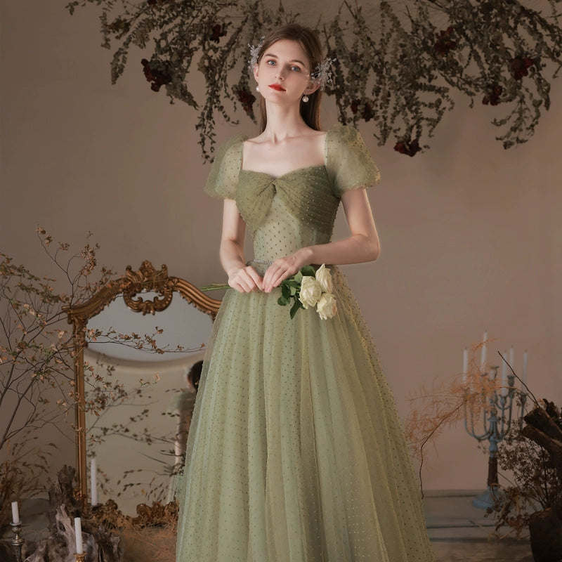 off-shoulder pearl detail puff sleeve maxi dress in green