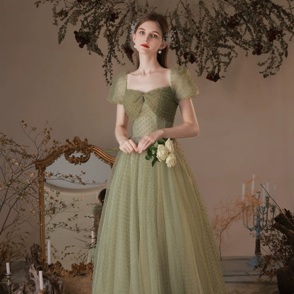 off-shoulder pearl detail puff sleeve maxi dress in green