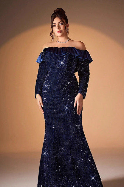 off shoulder long sleeve sequin detail maxi dress in navy blue