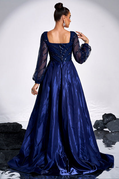 Long-sleeved square-neck sequined maxi dress