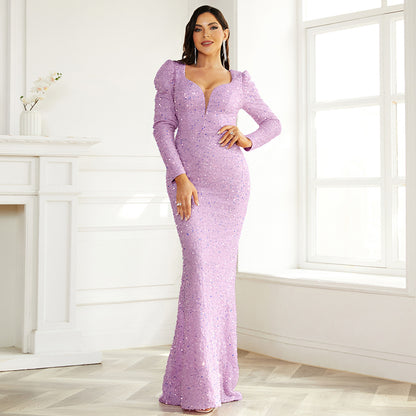 V-neck long-sleeved sequined dress