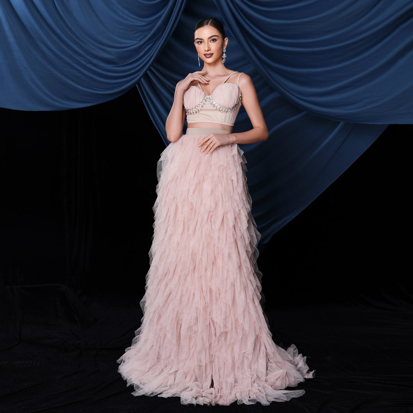 mesh hem rhinestone corset two-piece set