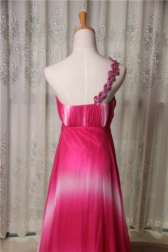 Rose red chiffon gradient one-shoulder evening dress