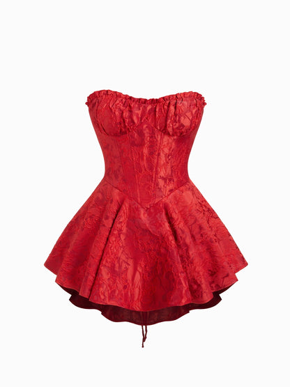 Jacquard Floral Lace-up Mini Dress in red