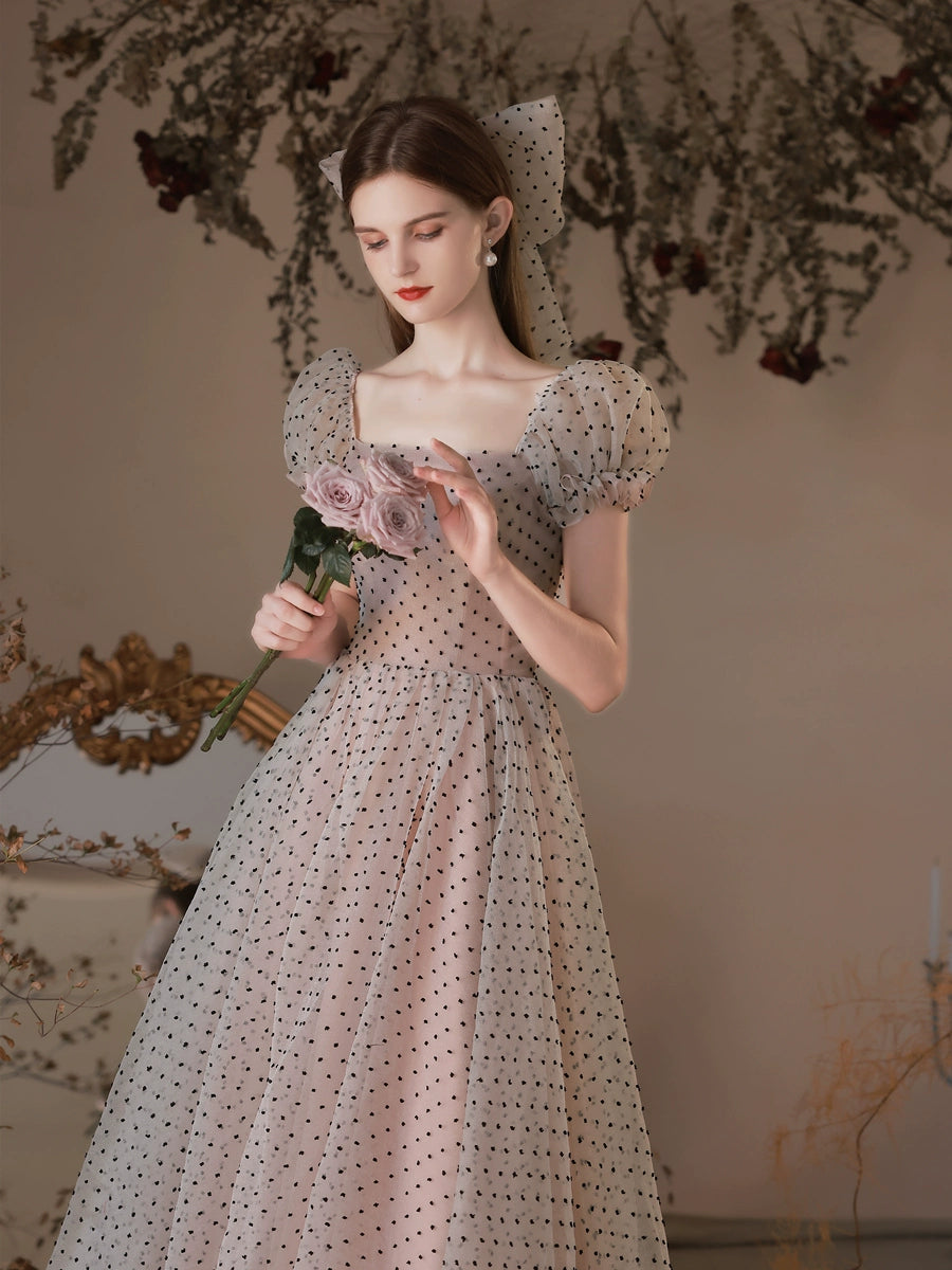 polka dots puff short sleeve midi dress in pink white