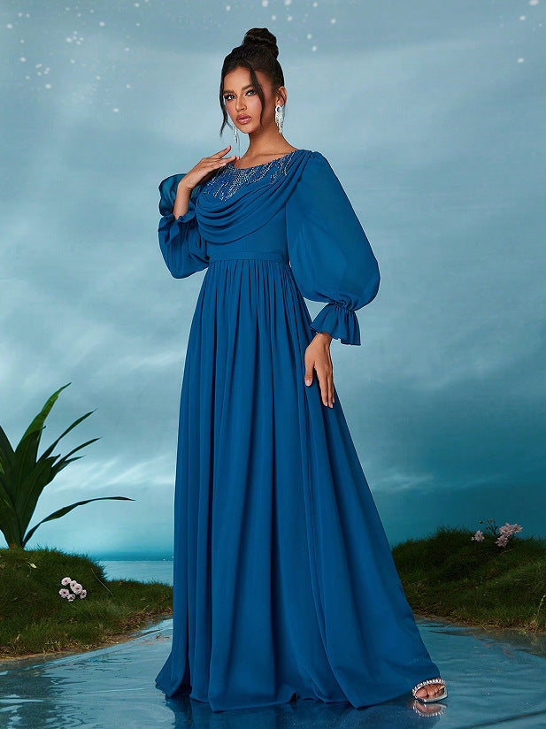 lace trim chiffon lantern sleeve maxi dress in blue