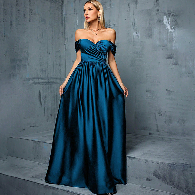 molly off shoulder ruched satin maxi dress in navy blue