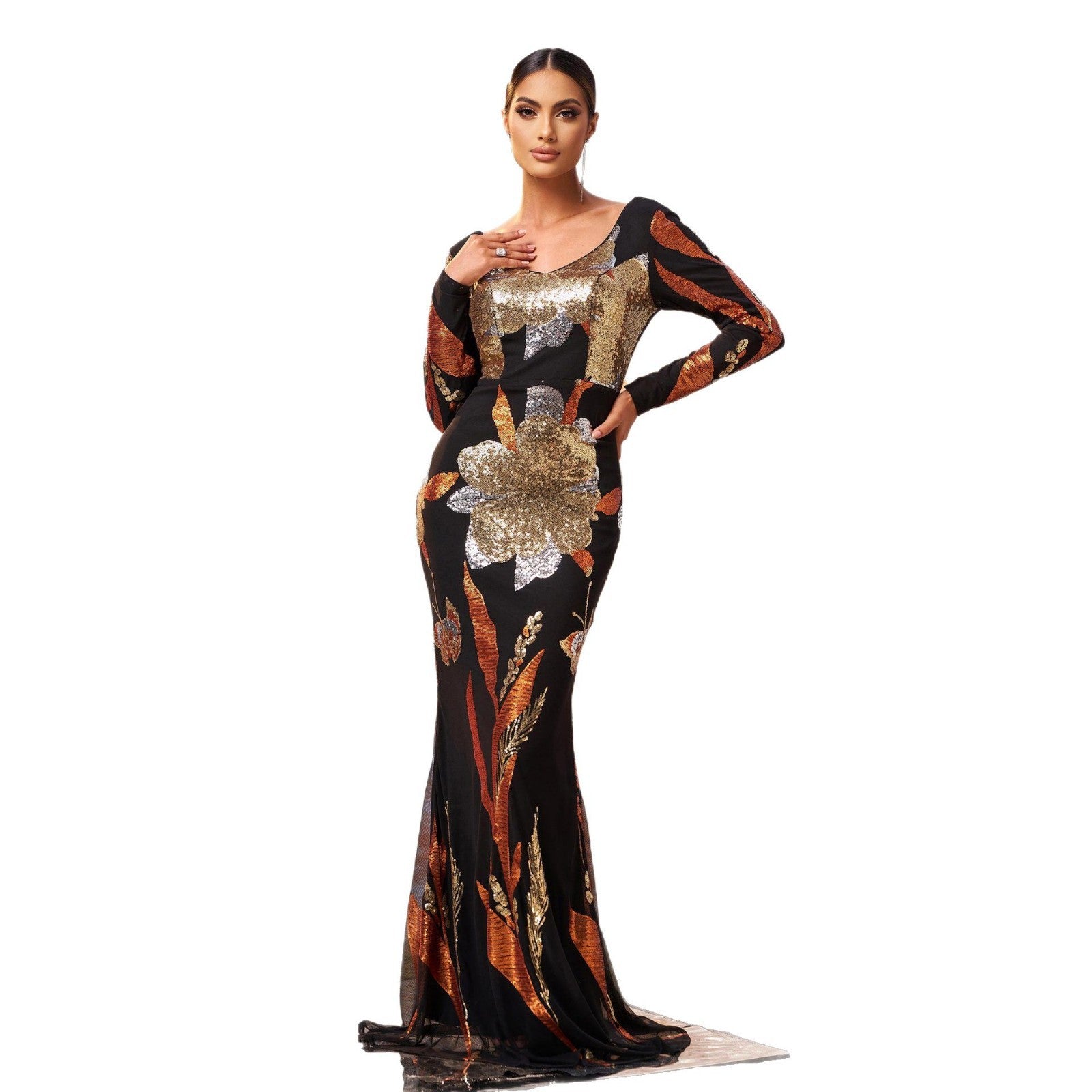 V-neck floral print bodycon sequined evening maxi dress - black/gold