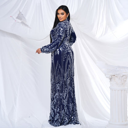 sequin patern long sleeve plus size maxi dress in dark blue