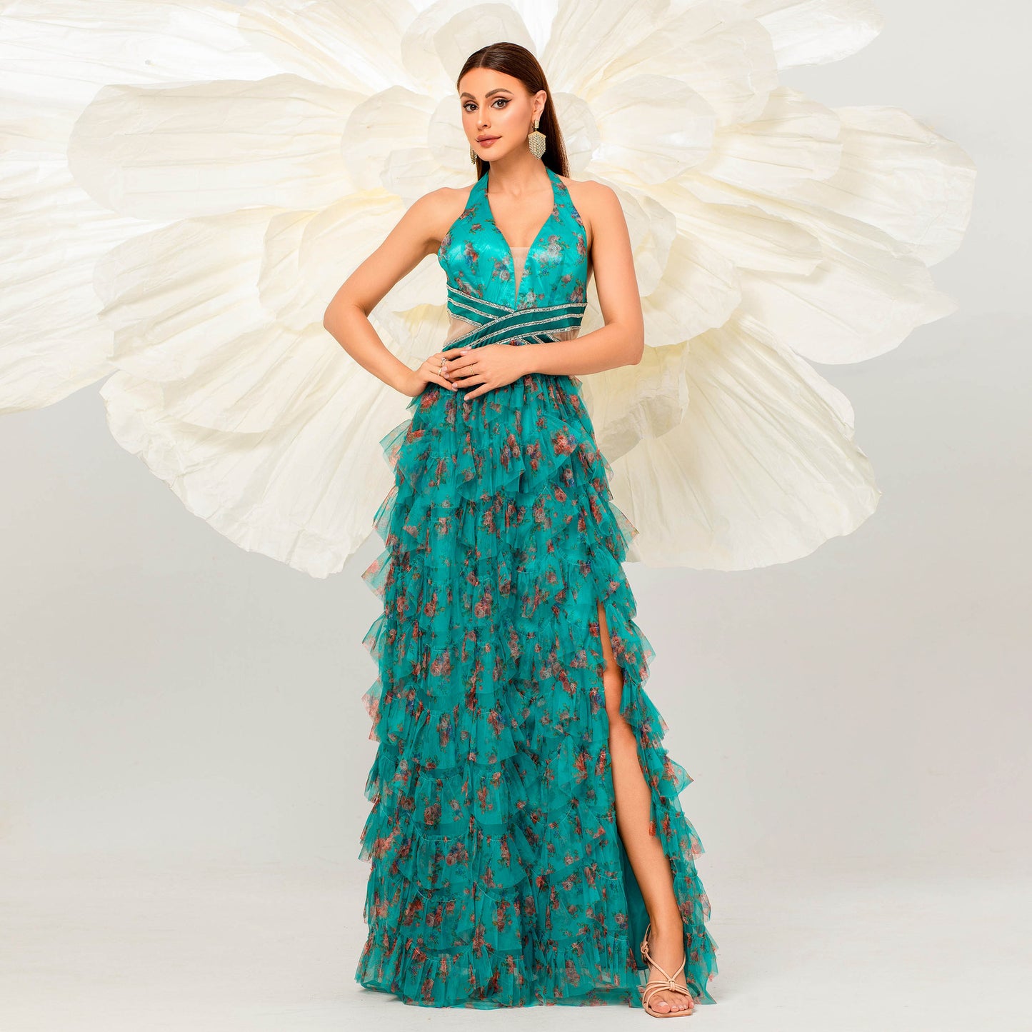 green floral print ruffle trim layer halter cutout maxi dress