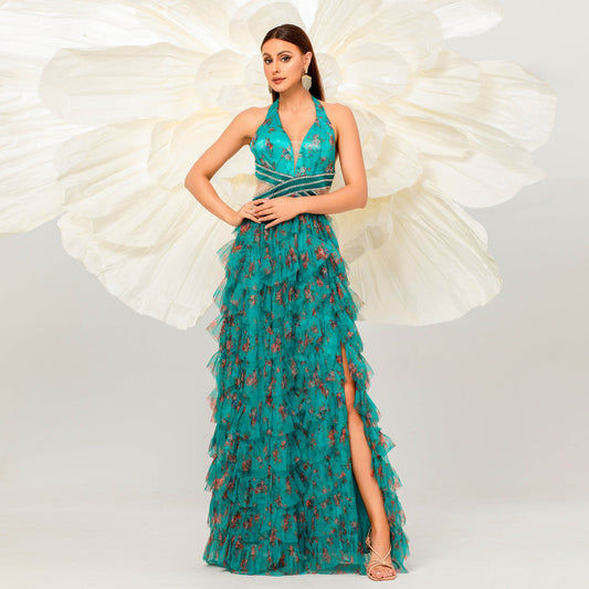 green floral print ruffle trim layer halter cutout maxi dress