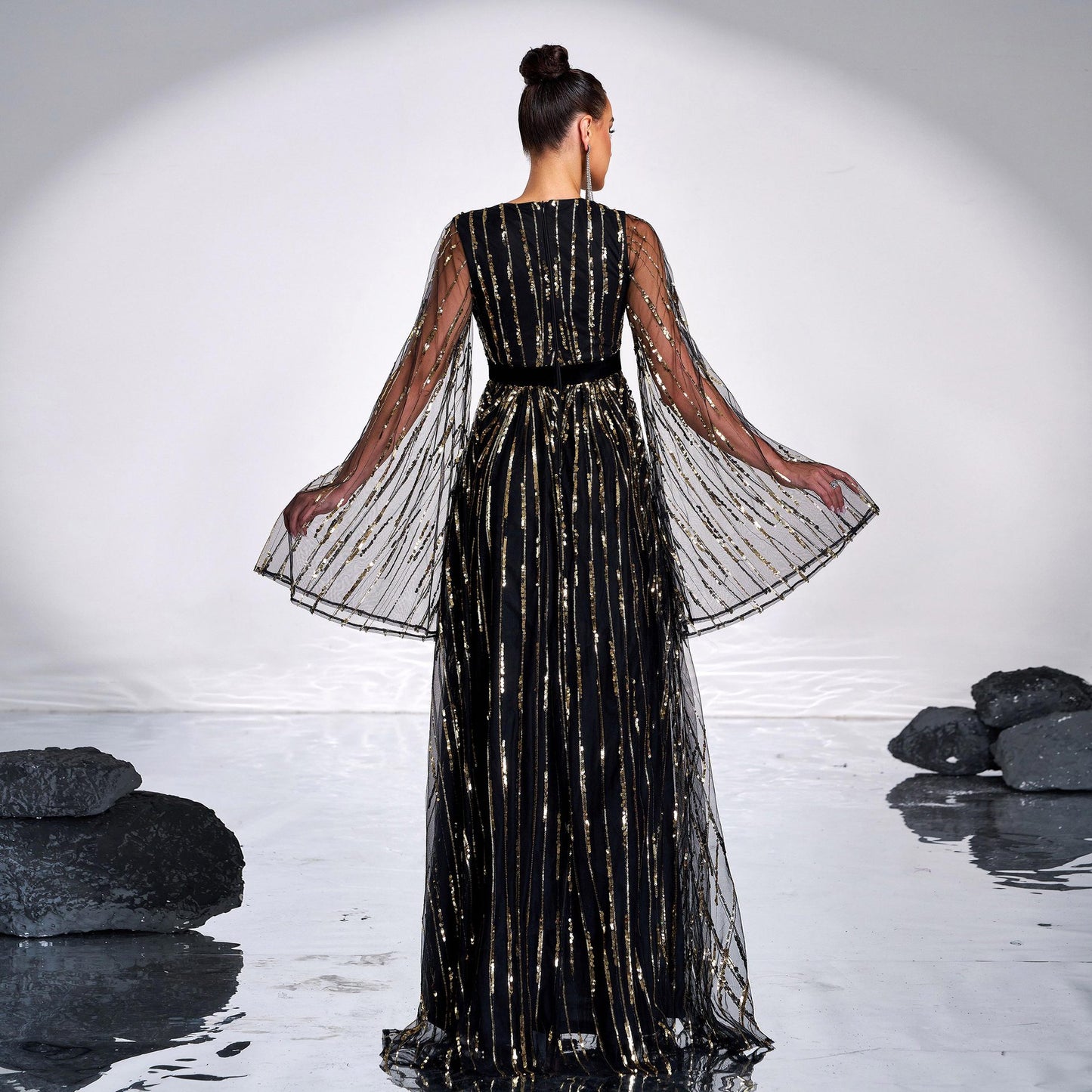 v-neck sequin applique tulle sleeve maxi dress in black