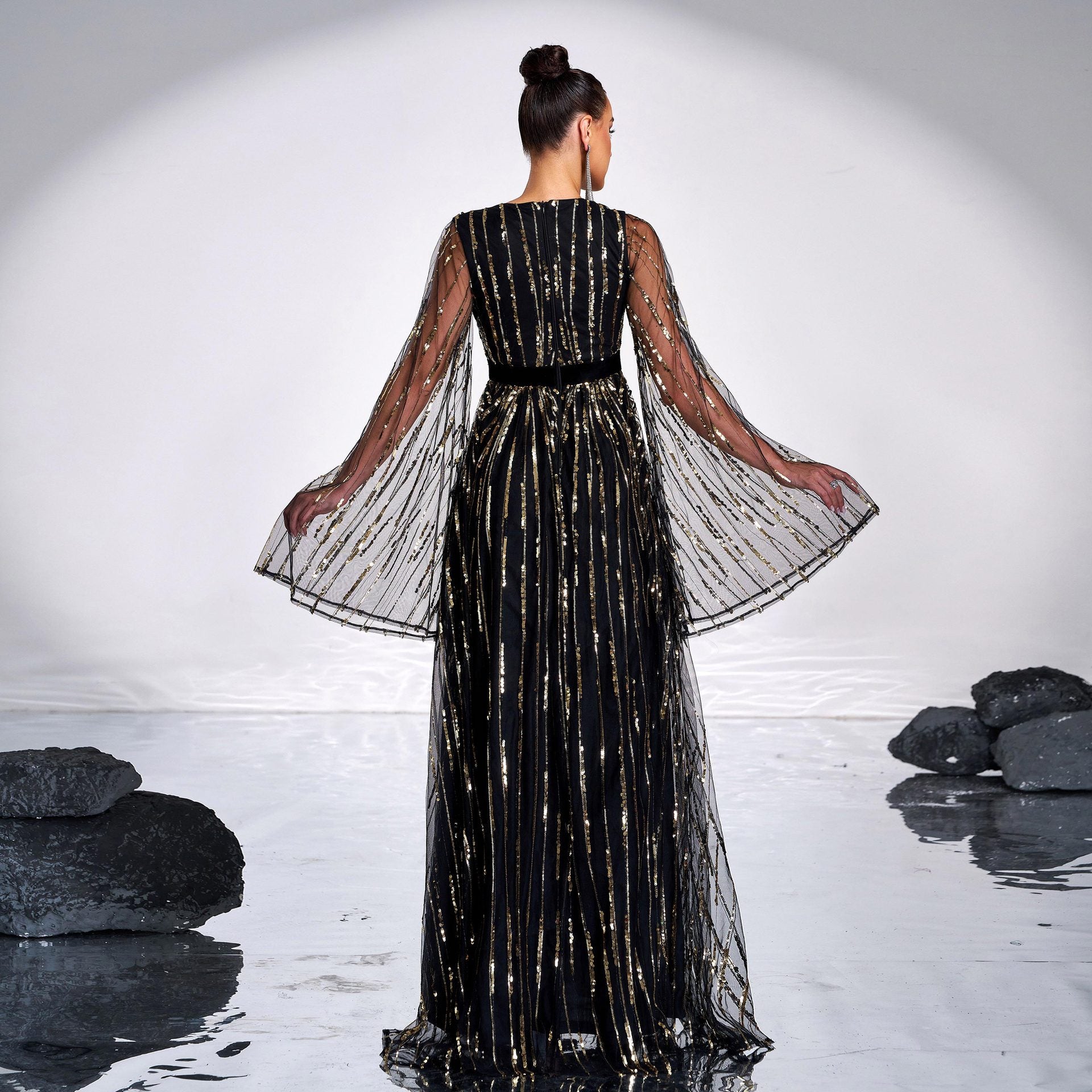 v-neck sequin applique tulle sleeve maxi dress in black