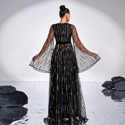 v-neck sequin applique tulle sleeve maxi dress in black