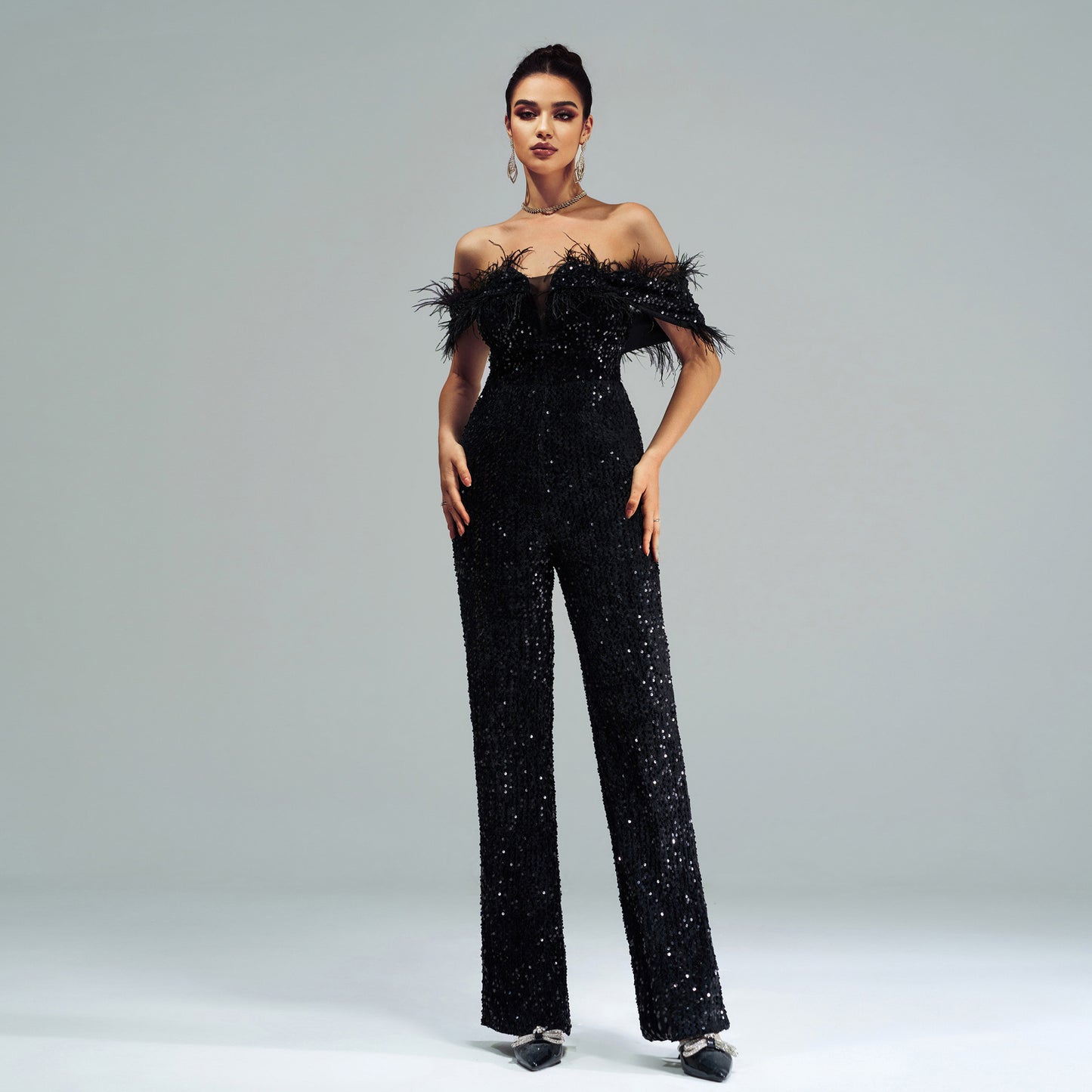 off-shoulder sequin feather jumpsuit in black