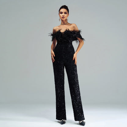 off-shoulder sequin feather jumpsuit in black