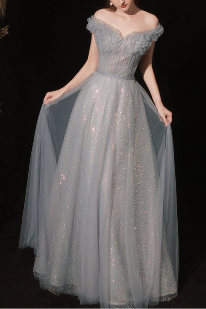 off-shoulder pleated sequin maxi dress in blue-gray