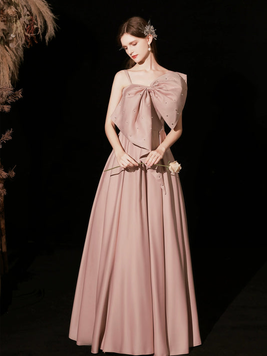 pearl embellished bow strapless maxi dress in pink