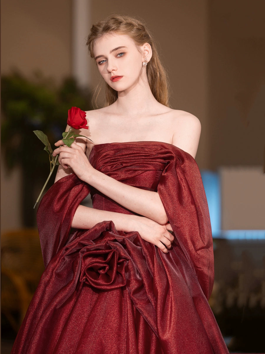 off-shoulder flower shape maxi dress in burgundy