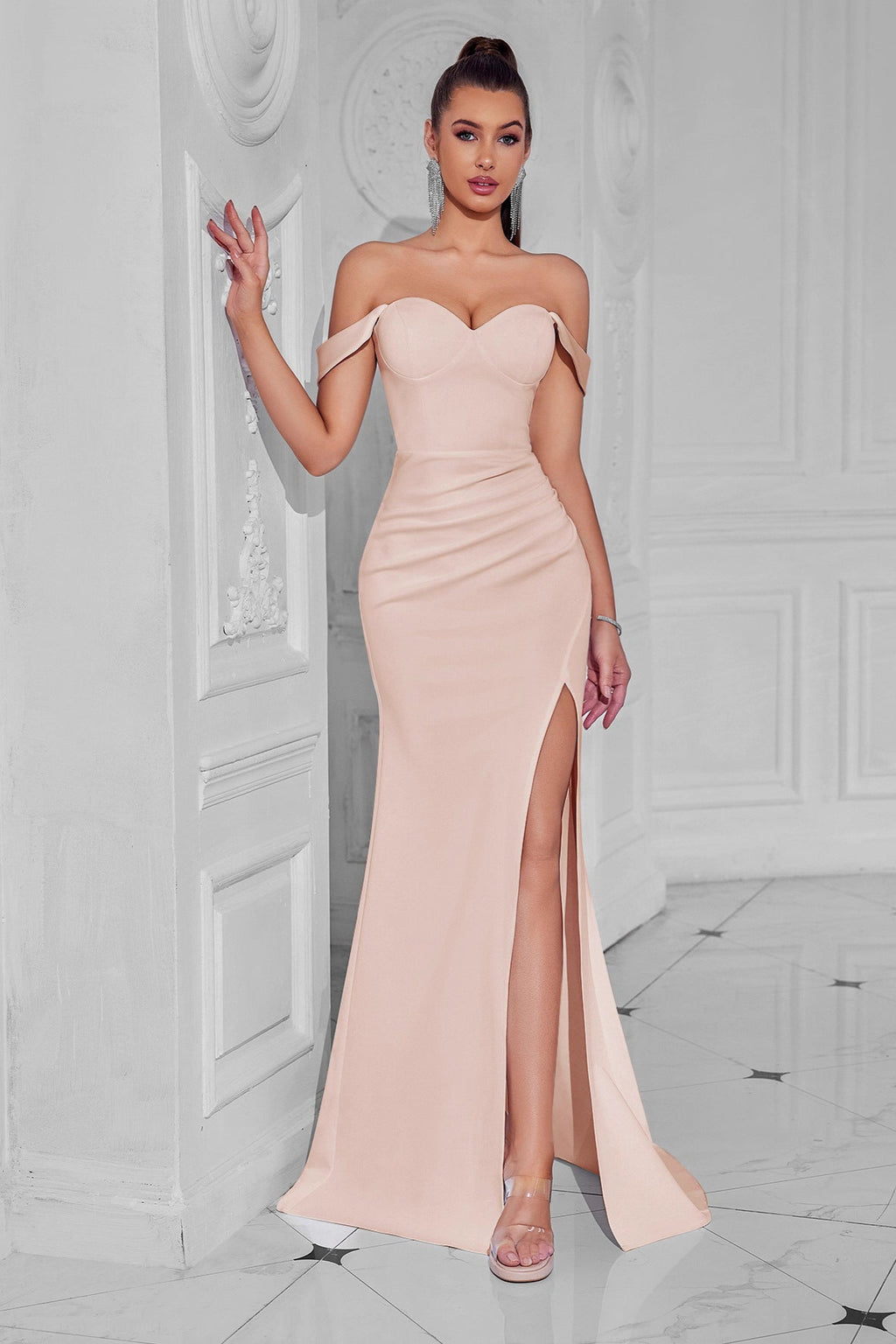 claire high slit backless bodycon maxi dress in white