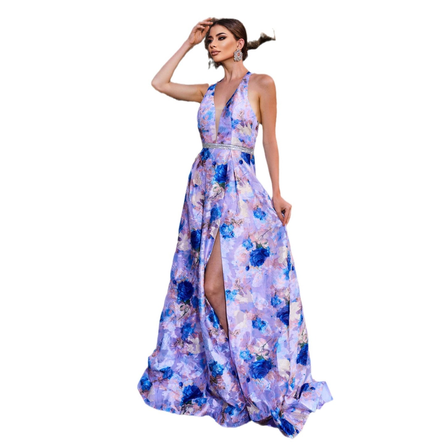 v-neck floral print halter backless maxi dress