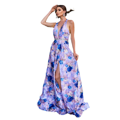 v-neck floral print halter backless maxi dress