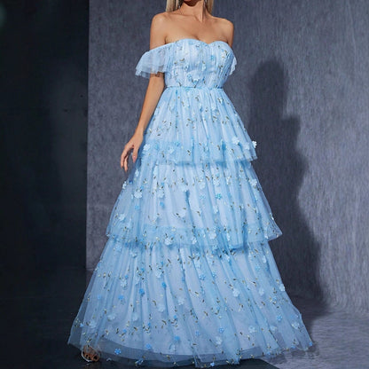 mandy floral applique layer maxi dress in blue