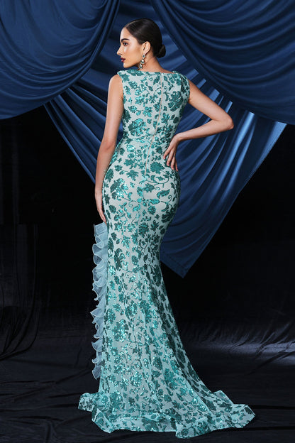 sequin print high slit maxi dress in green