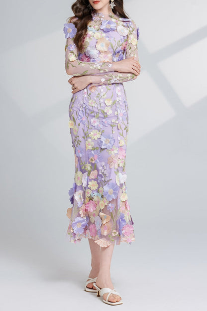CAROL PURPLE FLORAL EMBROIDERY MESH LONG SLEEVE MIDI DRESS