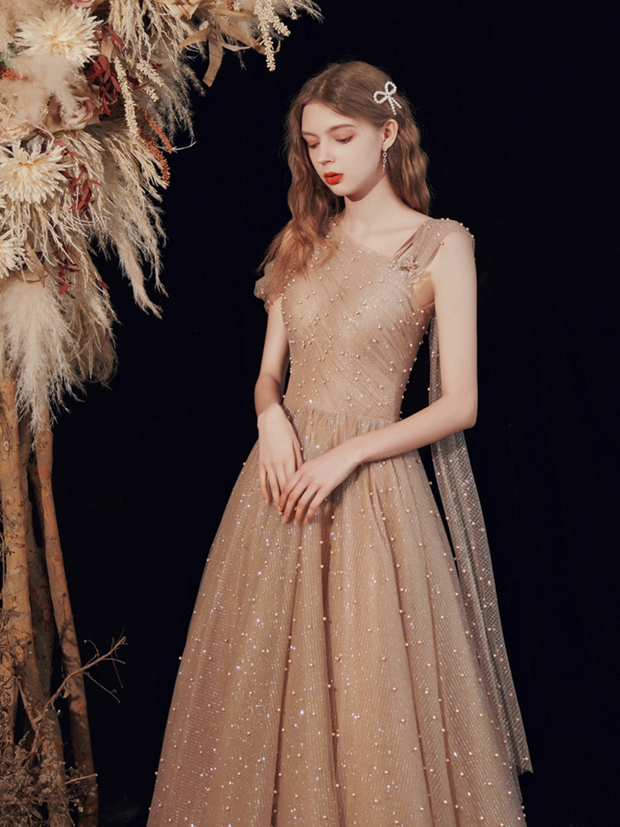 venus pearl embellished tulle maxi dress in brown